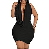 Floerns Women's Plus Size Going Out Halter Dress Deep V Cowl Neck Date Night Bodycon Mini Dresses