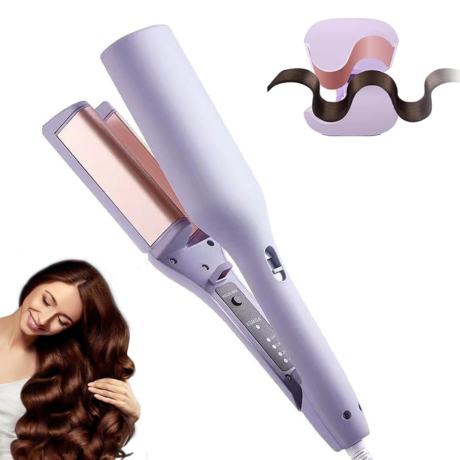 Photo 1 of Waver Curling Iron, 4 Adjustable Temp Crimper Hair Tool with 2 Ceramic Barrels, Anti-Scald, 15S Fast Heating, 1.25 Inch Crimper Hair Iron for Wide Deep Waves (Purple)