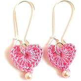 Handmade Crochet Heart Hoop Earrings with Pearl, Silver Plated, Pink