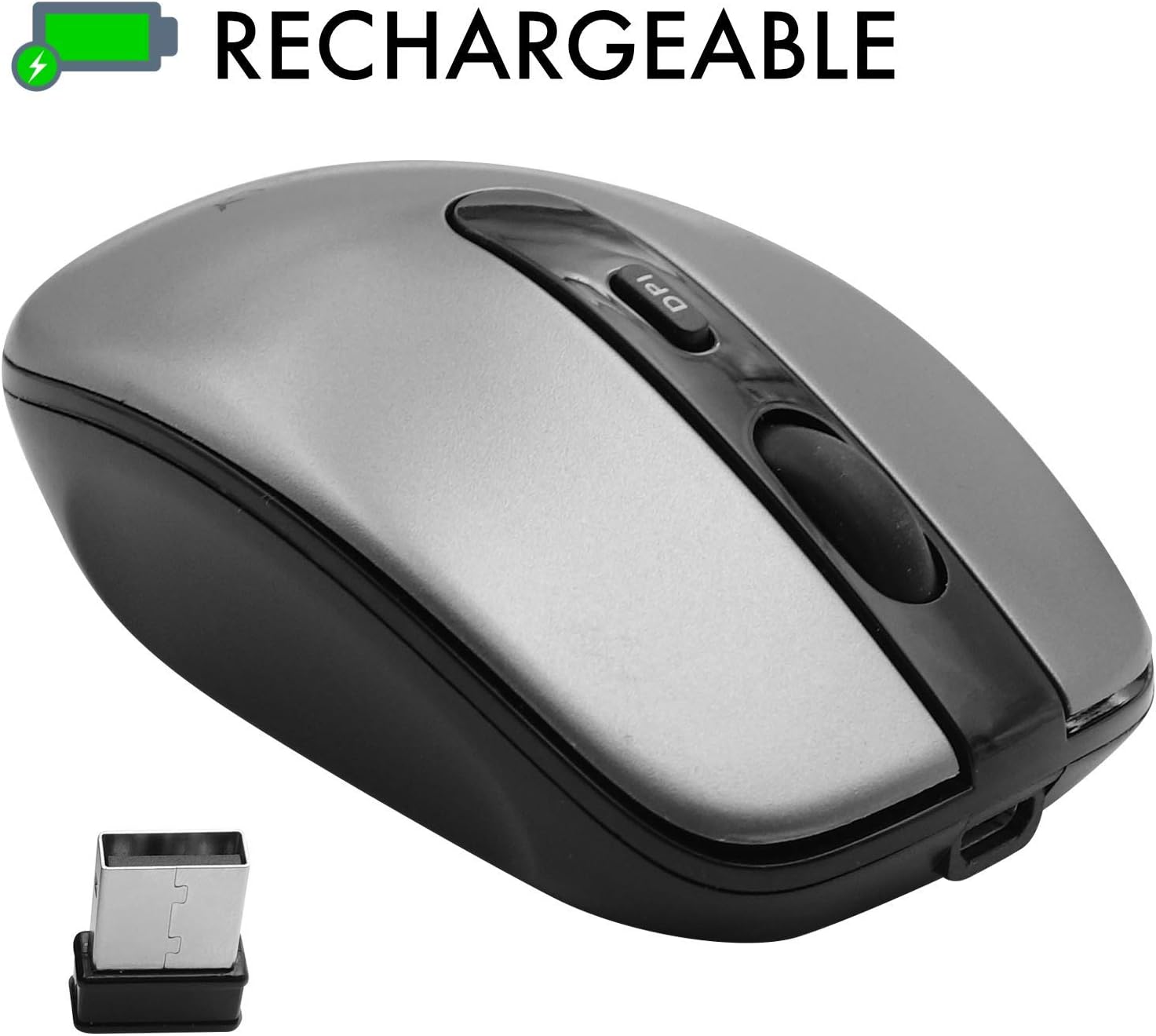 Macally Rechargeable Wireless Mouse with 3 Button, Smooth Scroll Wheel, 3 Adjustable DPI, 2.4G Dongle Receiver, Compatible with Windows PC Laptop Computer, Apple MacBook Pro/Air, iMac, Mac Mini, etc.