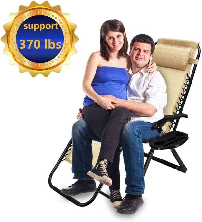 2 Pack Zero Gravity Chair, 35.4x25.6x43.3 inch Patio Lounge Chair,Support 370 lbs with Cup Holder (Beige)
