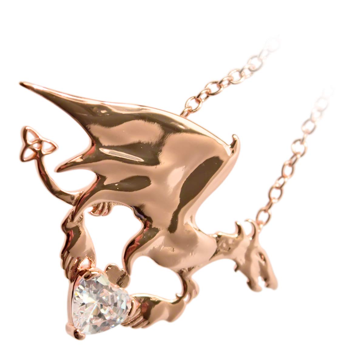 GWG Jewellery 18K Rose Gold Coated Dragon with Diamond Clear Stone Heart and Celtic Trinity Knot Unusual Pendant Necklace in Gift Box for Women