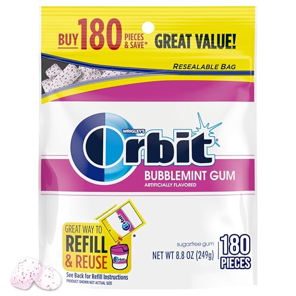 ORBIT GUM BUBBLEMINT SUGAR FREE CHEWING GUM BULK PACK, 180 PIECE RESEALABLE BAG