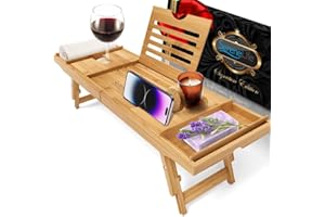 SereneLife Bath Caddy Breakfast Tray Combo with Gift Box-Natural Bamboo Wood Waterproof Bath Tub Caddy and Bed Tray with Folding Slide-Out Arms,Device Grooves,Wine Glass and Soap Holder