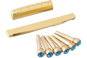 LYWS Set 6PCS Acoustic Guitar Brass Bridge Pins Crystal Dot w/Slotted Nut & Saddle(72mm) (Blue Crystal Dot)