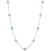 Belacqua Natural Milky Blue Aquamarine and Cultured Freshwater Pearl Station Necklace in 10K Yellow Gold, 18" Cable Chain, Real Pearl Jewelry for Women, Gift Box Included