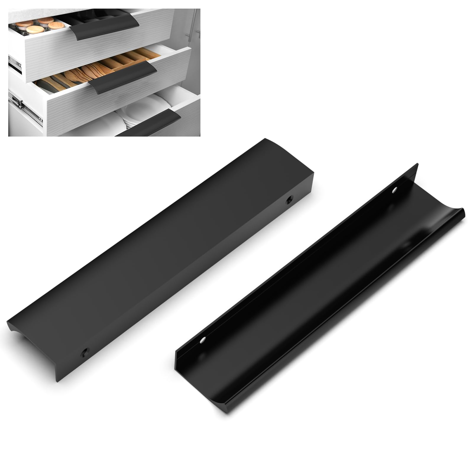 FURNIWARE Pack of 10 Cabinet Handles, Hidden Modern Furniture Handles, Hole Spacing 160 mm, Aluminium Furniture Handles, Full Length 200 mm Handle for Bathroom Door Handle, Matt Black