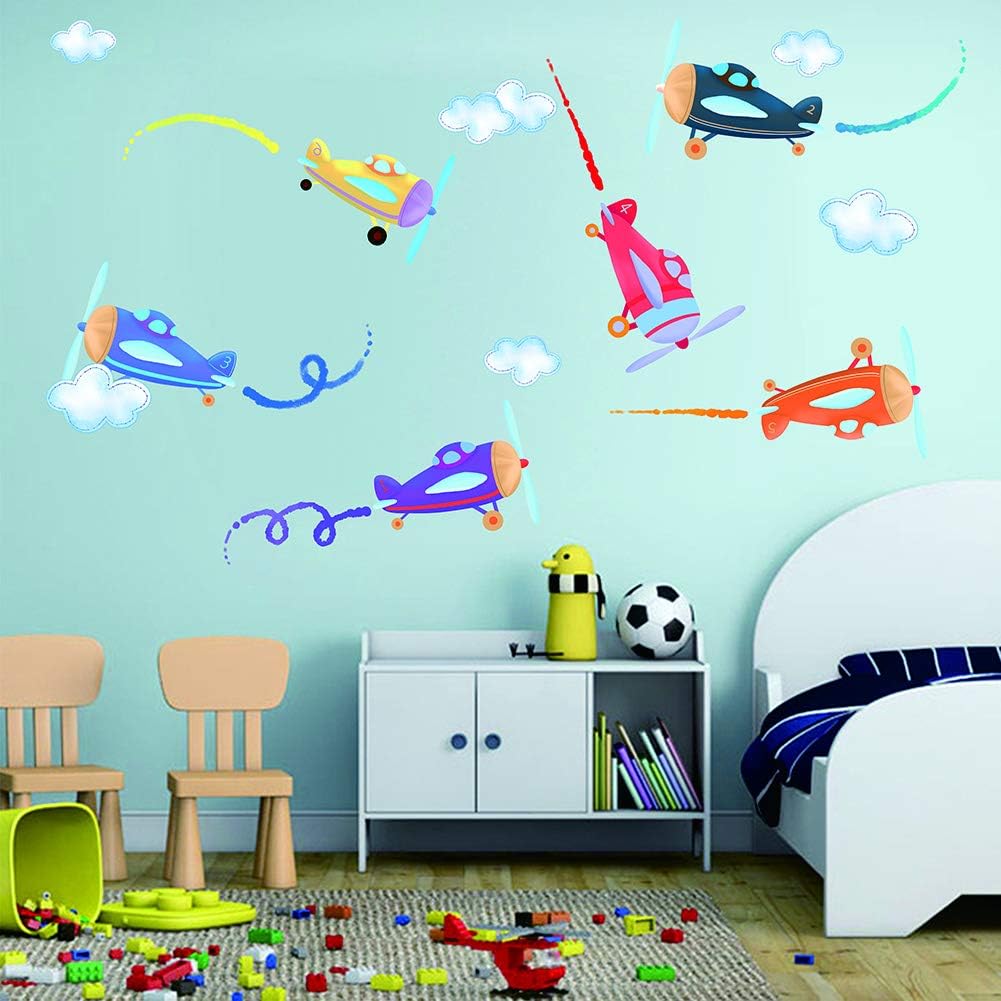 Colourful Aircrafts Jet Plane Wall Decals - Airplane Fighter Jet Copter Show Wall Sticker - Aviation Gift Boys Kids Nursery Wall Decal Stickers Home Decor