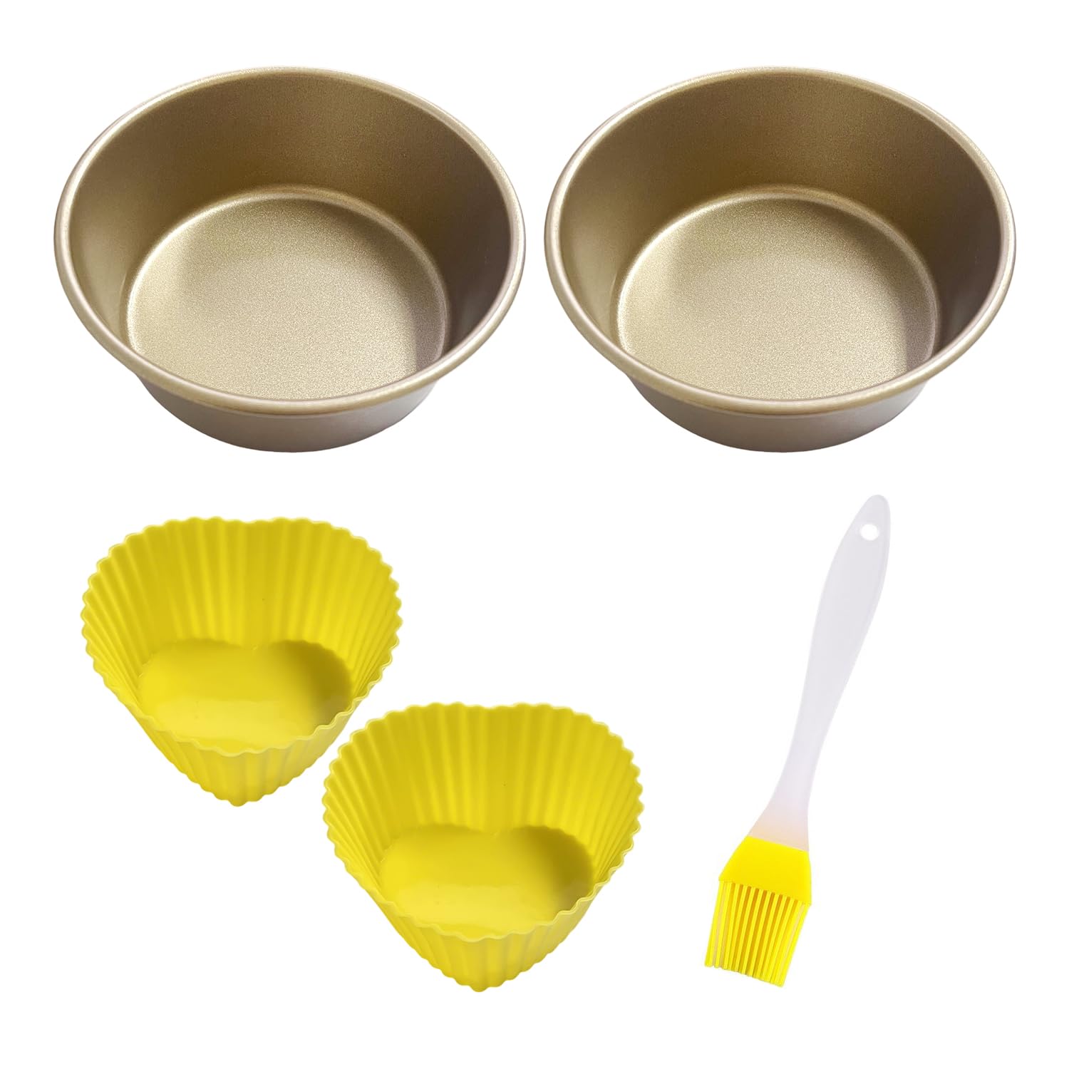 GVSAVY 2pcs Air Fryer Egg Molds, 2pcs Silicone Baking Cups, 1pc Oil Brush, 4 Inch Nonstick Baking Cake Mold, Carbon Steel Round Loaf Pan, Reusable, Suitable for Air Fryer, Oven (Gold)