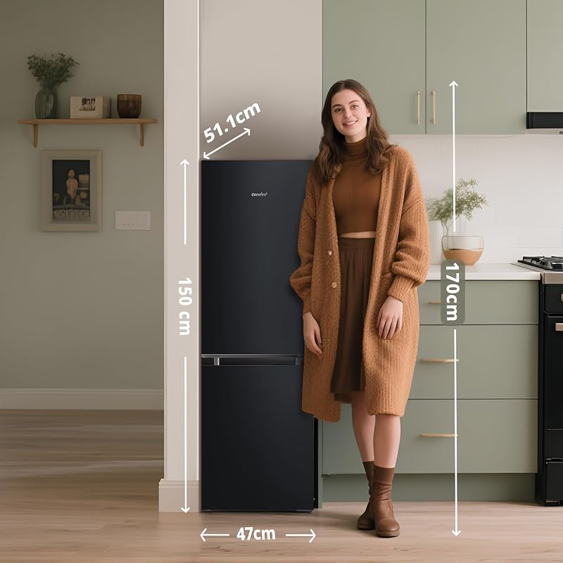 Comfee' rcb169dk2(e) geladeira com freezer/altura 150 cm/low frost/temperatura ajustável da geladeira/luz led/195 kwh/ano/geladeira 115l/freezer 59l/preto