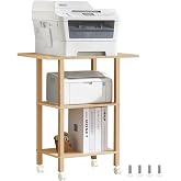 YUFAM 3 Tier Home Printer Stand with Storage, Natural | Wooden Mobile Printer Table Shelf, Rolling Printer Cart Shelf with Lockable Wheels fit Fax Machine, Scanner