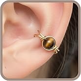 14k Gold Filled Tiger Eye Clip On Ear Cuff, Non Piercing Dainty Huggie Gemstone Earring