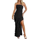 ZESICA Women's 2026 Strapless Bodycon Dress Sexy Off Shoulder Mesh Tassel Ruffle Side Split Tube Party Maxi Dresses