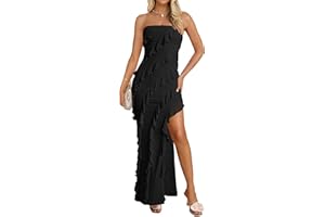 ZESICA Women's 2025 Strapless Bodycon Dress Sexy Off Shoulder Mesh Tassel Ruffle Side Split Tube Party Maxi Dresses