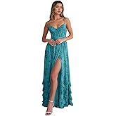 Qgeno Floral Ruffle Corset Bridesmaid Dresses for Women Long Chiffon Formal Evening Party Gowns with Slit