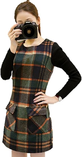 Amazon ワンピース チェック柄 タータンチェック タイトスカート ニットスリーブ ラウンドネック クラシックレトロ ミニ丈 エレガント Ol 長袖 秋冬 クマのぬいぐるみ K 16 ワンピース チュニック 通販