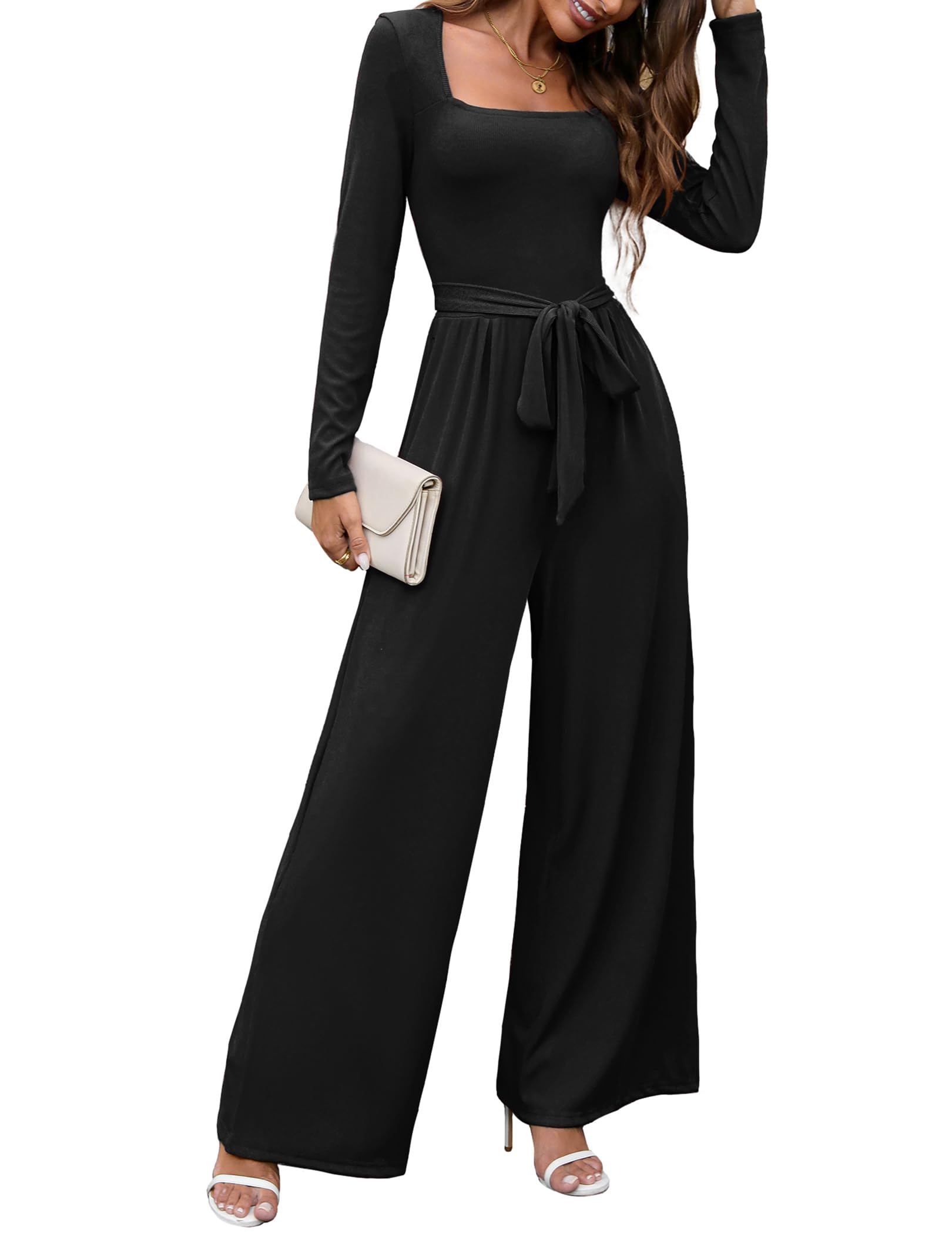 Photo 1 of LOOKBOHO Women's 2024 Long Sleeve Wide Leg Jumpsuits Casual Dressy One Piece Square Neck Formal Elegant Jumpsuits With Pockets Black S