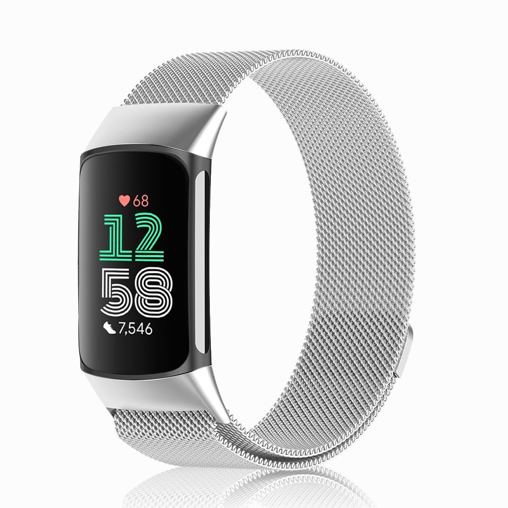 PaceBid Bracelet Compatible with Fitbit Charge 6/5, Metal Woven Stainless Steel Magnetic Replacement Strap Men Women Classic Adjustable Watch Strap for Fitbit Charge 5/6 - Silver