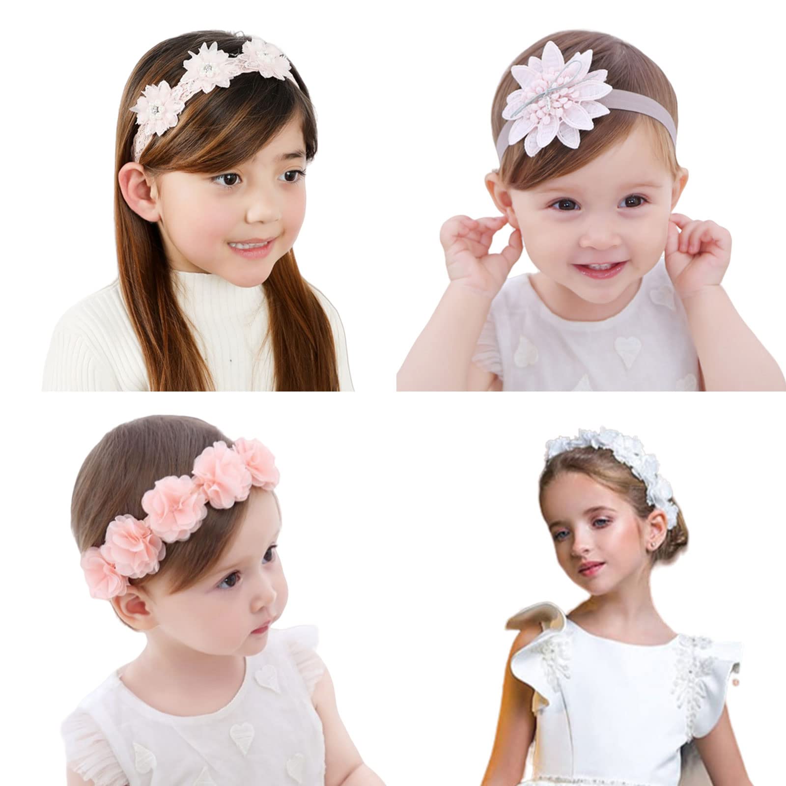Baby Headband,4PCS Cute Pink White Baby Girl Flower Headbands,Floral Baby Elastic Hair Bands Hair Accessories for Newborns Infants Toddlers Girls Kids Photography (Baby Headband A)