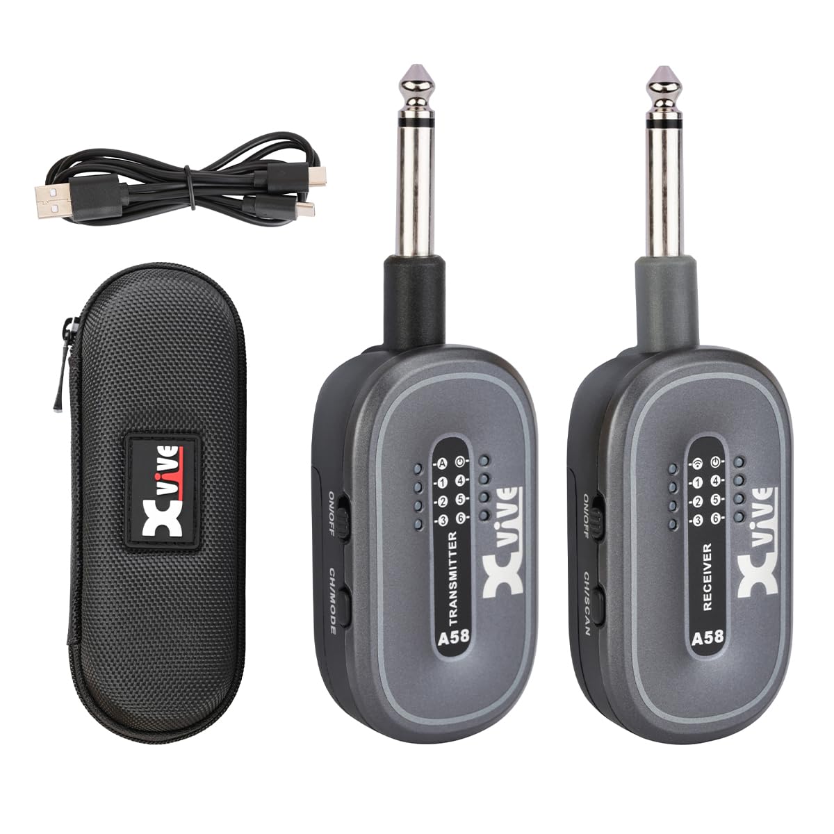 Xvive A58 Wireless Guitar System 5.8G Set with Transmitter and Receiver for Guitar with Active or Passive Pickup (Grey)