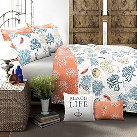 Lush Decor 7 Piece Coastal Reef Feather Quilt Set, King, Blue & Coral 61grsYXef%2BL. SS280