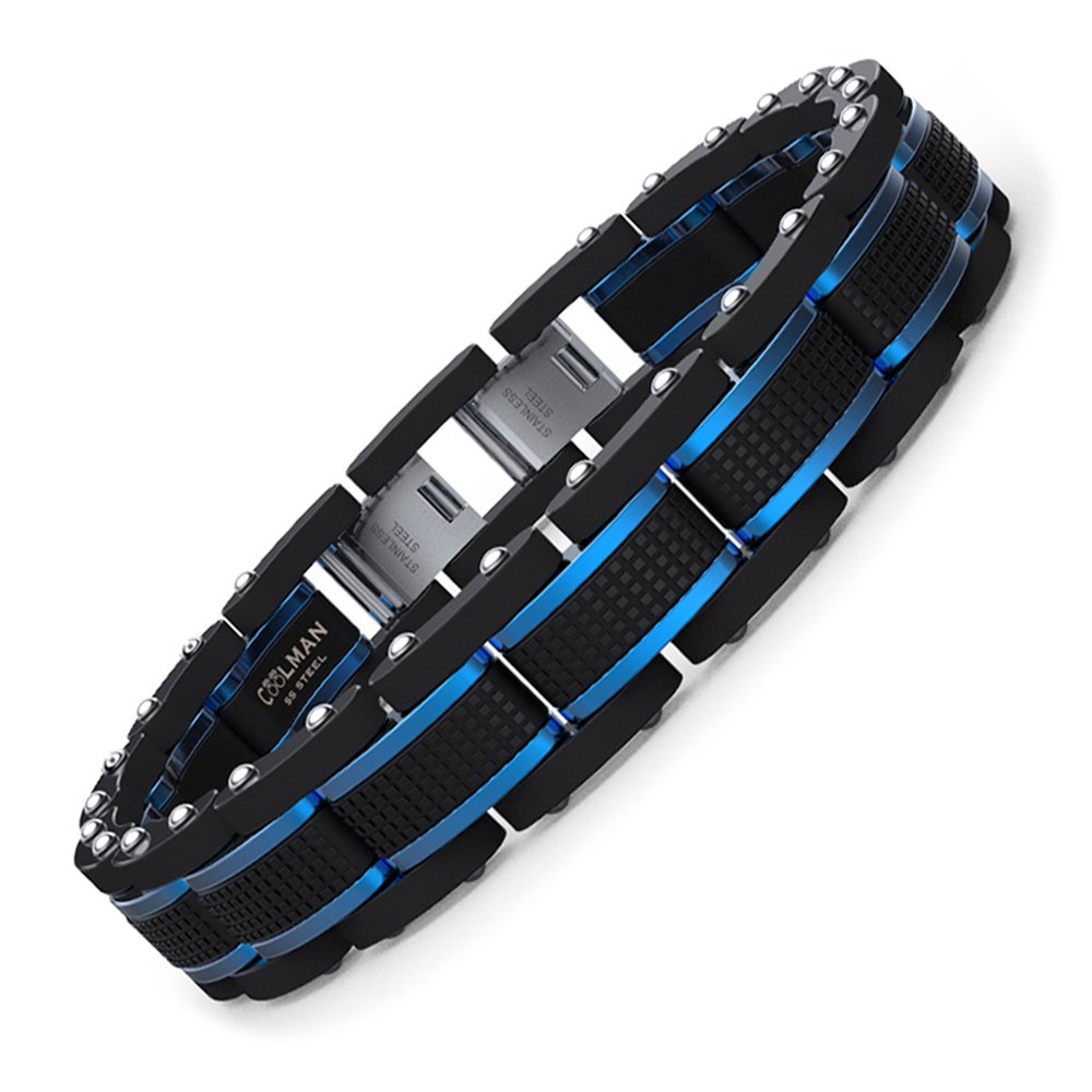 COOLMAN Men's Jewellery Blue and Black Stainless Steel Bracelet Adjustable from 15.5 to 23 cm (with Box Clasp), 17 cm, Stainless Steel, Stainless Steel, 17 centimeters, Stainless Steel, Stainless