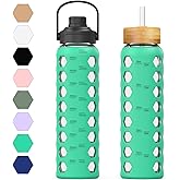 MUKOKO 32oz Glass Water Bottles with 2 Lids-Handle Spout Lid&Bamboo Straw Lid, Motivational Water Tumbler with Time Marker Reminder and Silicone Sleeve, Leakproof-Green-1 Pack