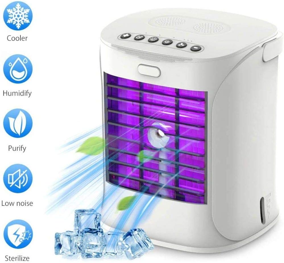 LIULIFE Purple Light Disinfection Mobile Air Conditioner Mini Air Cooler Humidifier Small Personal Air Conditioner, Portable 5 in 1 Evaporative Air Freshener Fan Night Lights, 3 Speeds 7 Colors LED