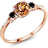 Gem Stone King 10K Rose Gold Ecstasy Mystic Topaz Black Diamond and White Diamond Accent 3-Stone Engagement Ring For Women (1.17 Cttw, Round 6MM, Gemstone November Birthstone)