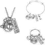 Gmai Strong Workout Exercise Weight Lifting Barbell Kettlebell Fitness Silver Fitness Gym Barbell Plate Dumbbell Weight Jewelry Set Necklace Keyring bracelet