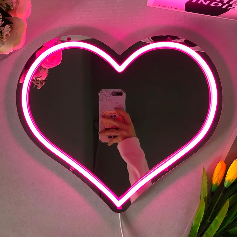 Heart Neon Sign With Dimmer, Pink Love Mirror USB Powered LED Neon Light for Wall Decor Bedroom Party Studio Shop Wedding Anniversary Birthday Gifts for Lovers Girls