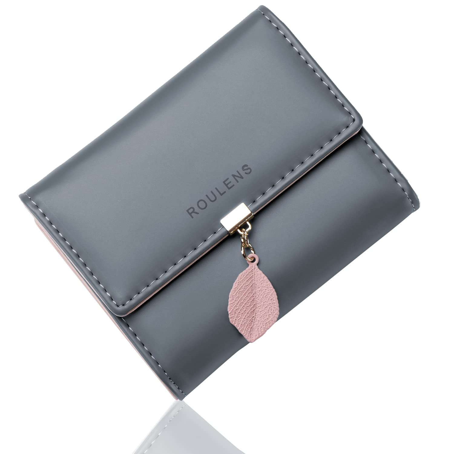 Roulens Ladies Purse, RFID Blocking PU Leather Wallet for Women Leaf Pendant Zipper Coin Purse with Multiple Card Slots and Roomy Compartment