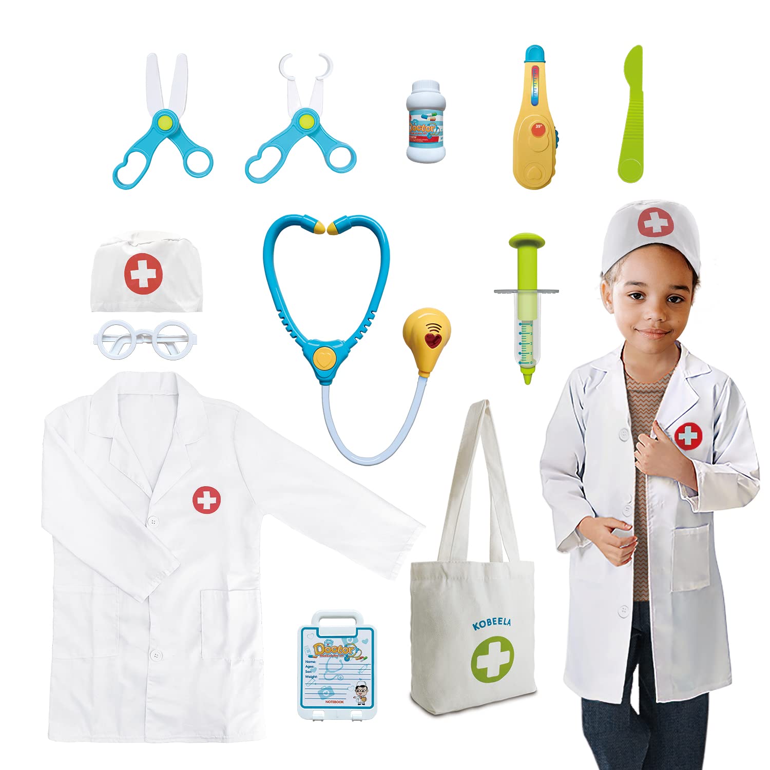 Kobeela Doctor Costume for Kids, Doctors Dress Up Outfit Set for 3-6 Years Old Boys and Girls with Lab Coat, Toy Stethoscope for Children Halloween Role Play