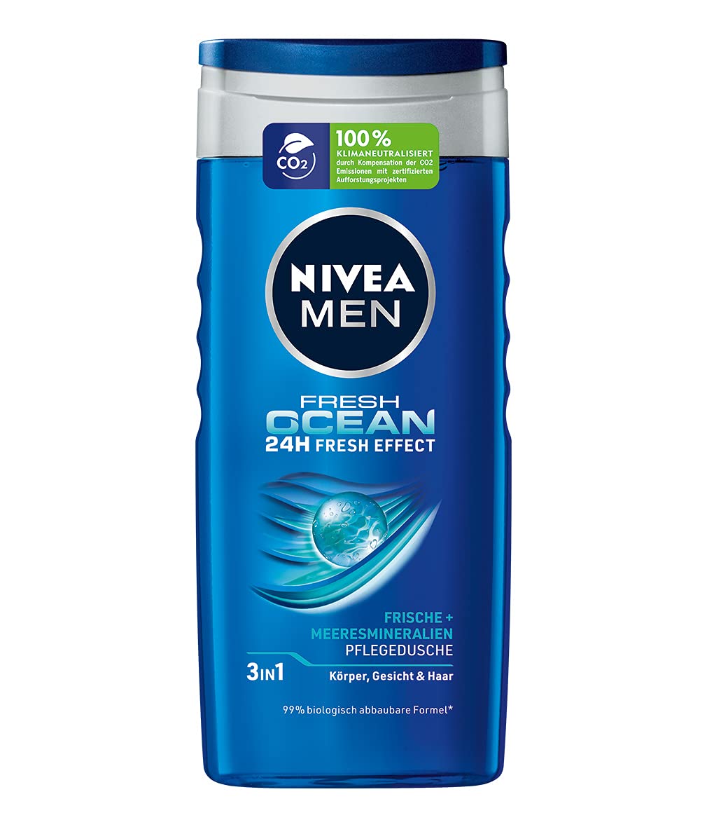 NIVEA MEN Fresh Ocean Nourishing Shower Gel (250 ml) with Sea Minerals and Ocean Fresh Fragrance, Refreshing Shower for Body, Face and Hair