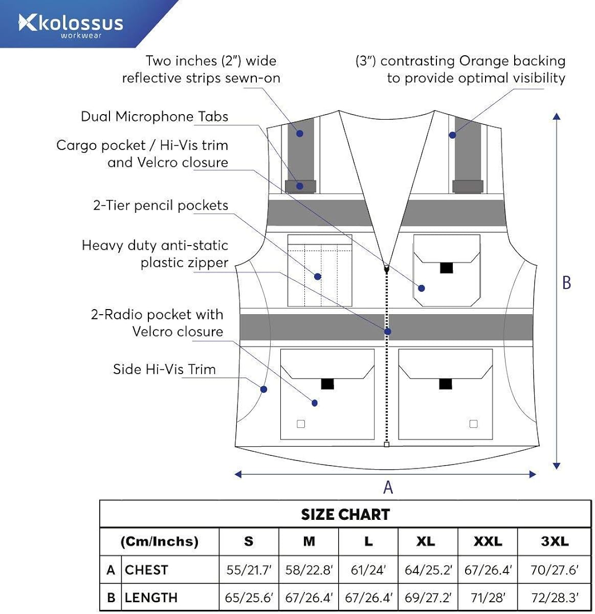 Kolossus Deluxe High Visibility Vest with Multi Frontal Pockets | ANSI Class 2 Compliant: Clothing