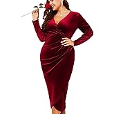 CYCLAMEN Wrap Ruched Velvet Dress V Neck Plus Size Long Sleeves Bodycon Midi Elegant Party Wedding Guest Cocktail
