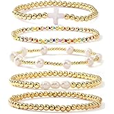 Bohxantium Gold Beaded Bracelets for Women, Boho Stretch Gold Seed Beads Pearl 5PCS 14K Gold Ball Bracelet Stack Christian Cross Jewelry Set Stackable Trendy Summer Friendship Birthday Gift