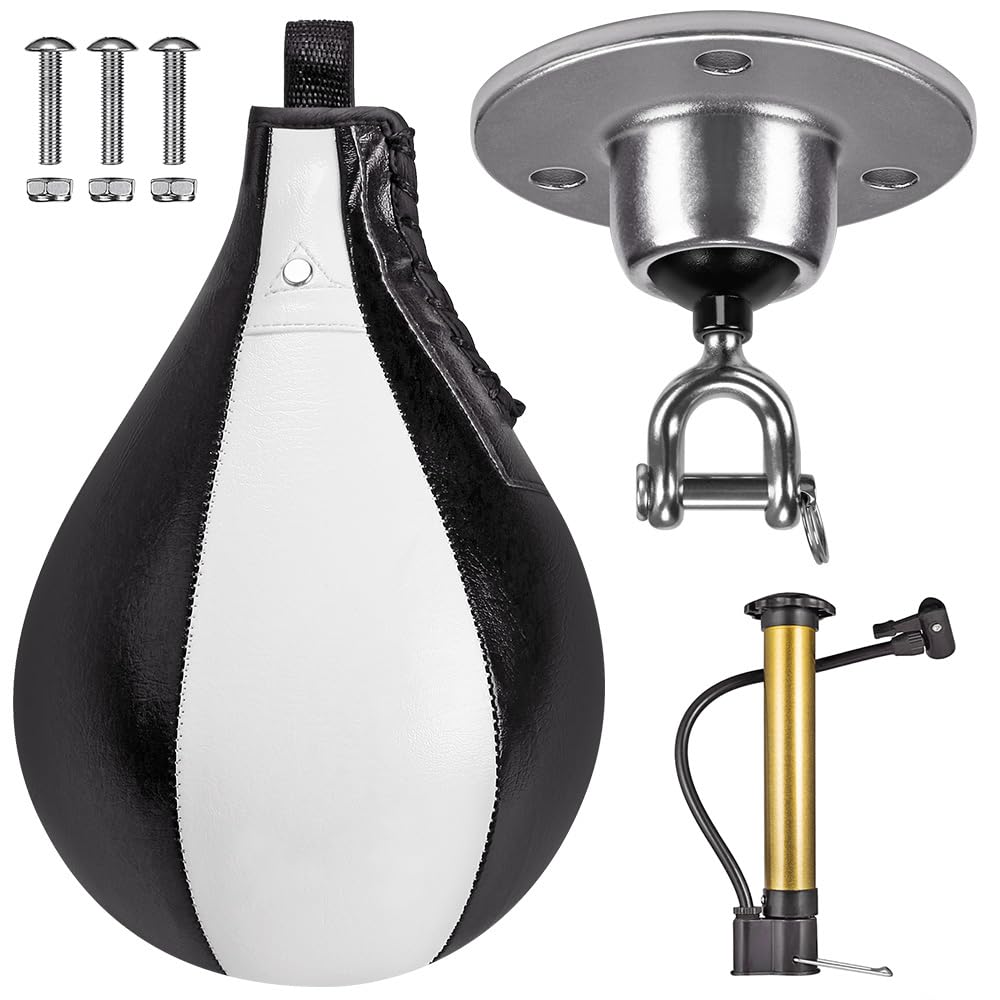 BeneLabel Punching Bag Ceiling Hanger, Heavy Duty Speed Bag Hook 360 Swivel Swing Beam Mounting Bracket Muay Thai Training Suspension Kit with 30 x 16cm Leather Bag & Inflator