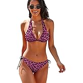 Homokoir Women's Leopard Print Swimsuit Halter Padded Top Tie Side Bottom Triangle Bikini Sets