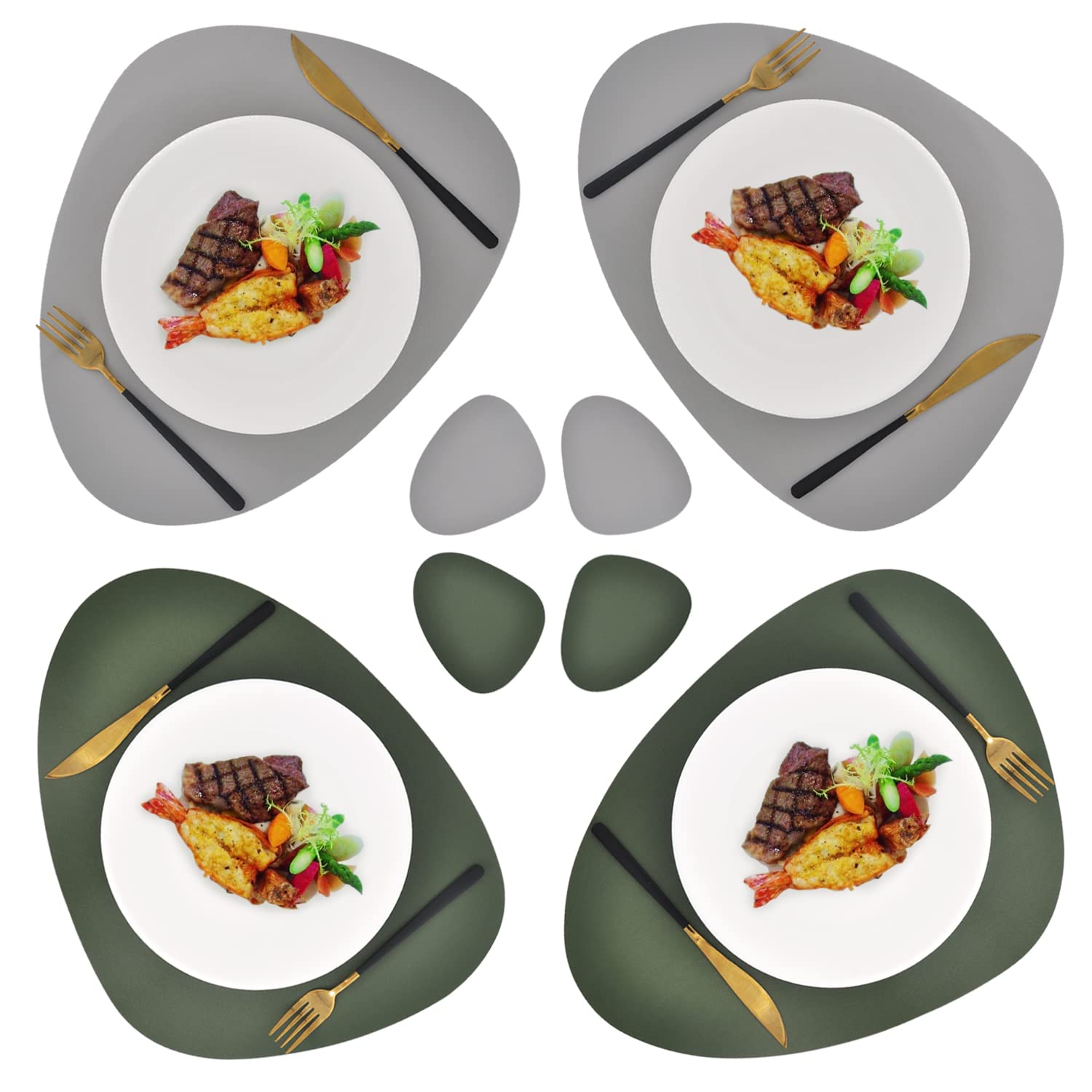 Double Side Leather Placemats and Coaster Sets of 4 - Washable Non Slip Table Mats Hot Resistant for Dining Table (Olive-Grey, 4 Placemats + 4 Coasters) — image 1