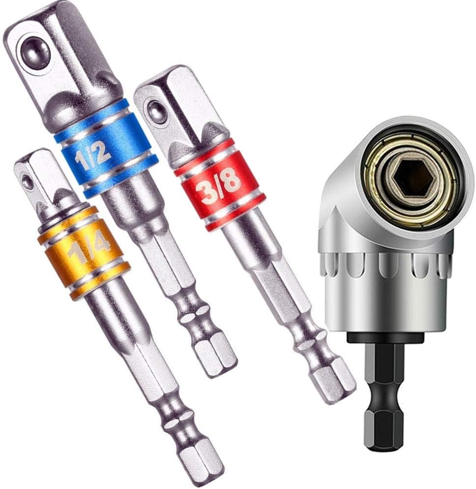 3Pcs 1/4" 3/8" 1/2" Cr-V Hex Shank Impact Grade Socket Adapter Nut Driver Set  +105 Degree Right Angle Driver Extension Screwdriver Drill   Attachment,Universal Socket Adapter Set