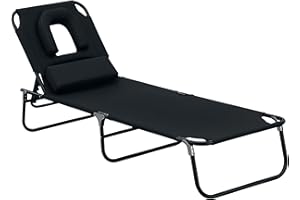 Outsunny Folding Chaise Lounge Chair, Reclining Beach Tanning Chair with Face Hole, Pillow, 4-Position Adjustable Lay Flat Su