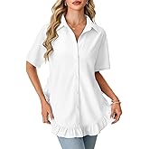 LYANER Women's Ruffle Hem Collar Neck Drop Shoulder Short Sleeve Split Button Down Casual Shirt