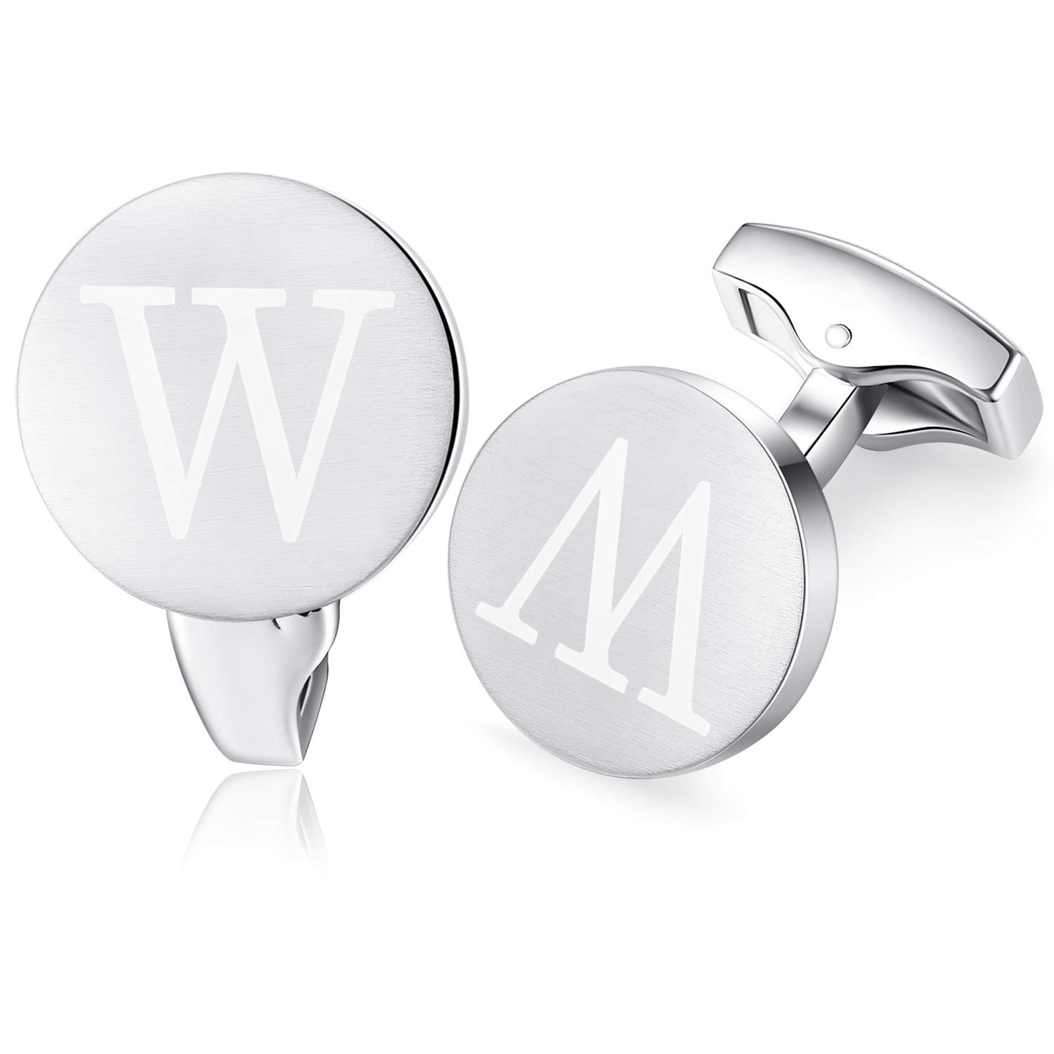 HONEY BEAR Initial Alphabet Letter Cufflinks for Men, Brushed Silver Round Shape Stainless Steel Wedding Business Cufflinks, A - Z (W)