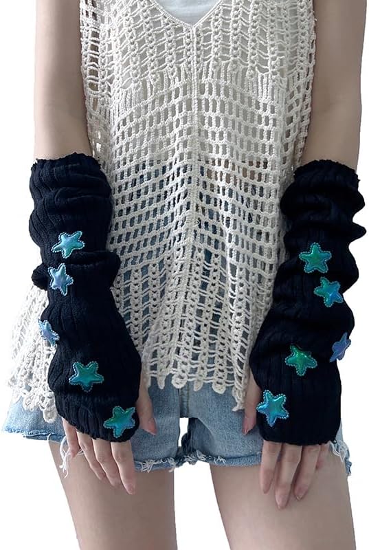 Y2K Cute Stars Arm Warmers Fairycore Knit Fingerless Gloves Gyaru