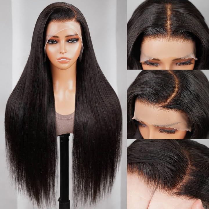 MEGALOOK Upgraded Bleached Knots Straight Lace Front Wigs 200% Density Brazilian Virgin Human Hair 13x4 HD Pre Cut Lace Frontal Wigs for Black Women Glueless Wigs Natural Black 18 Inch — image 1