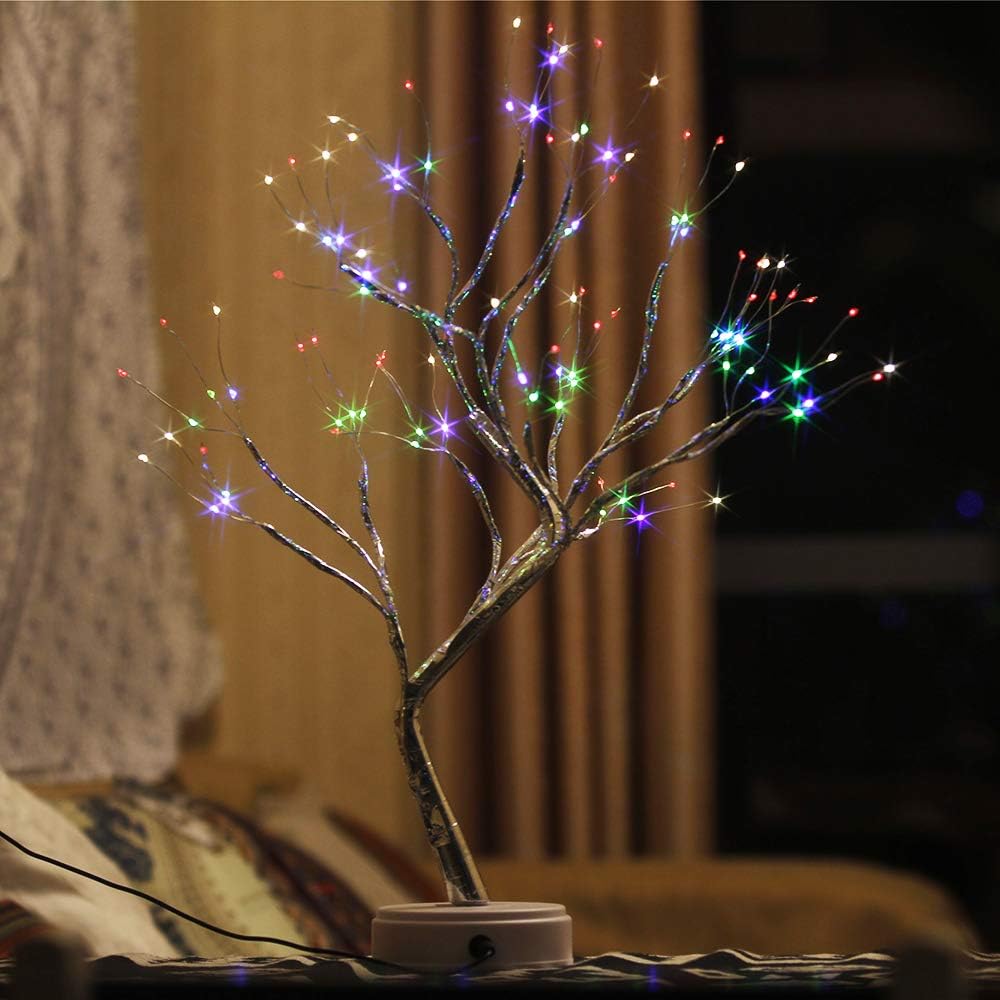 Obrecis 108 LED Copper Wire Twig Branches Lights Bonsai Tree Light, 20 Inch Table Desk Lamp for Home, Festival, Party, Wedding, Christmas Decor -Shimmer Tree (Colorful)