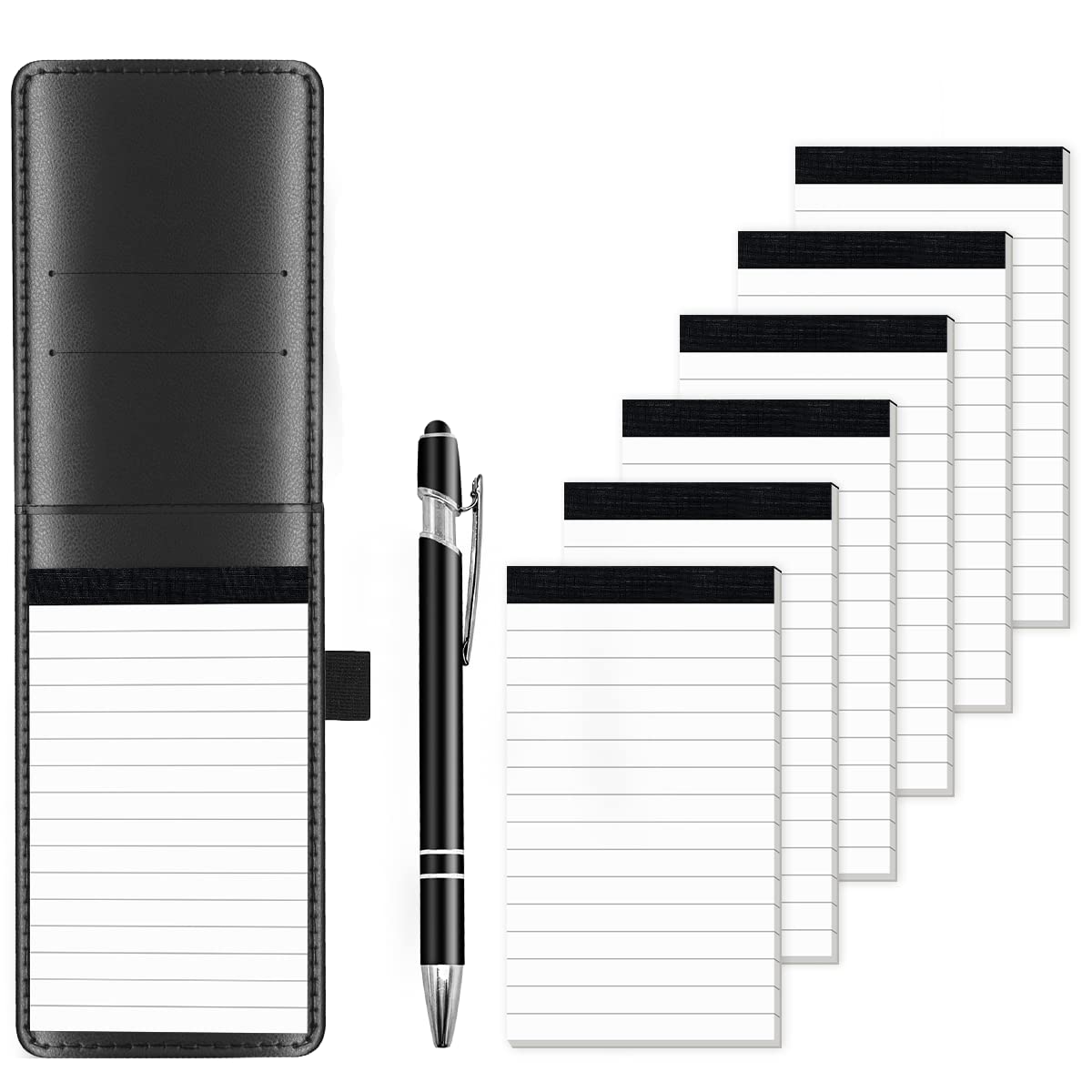 8 Pcs Mini Pocket Notepad A7 Holder Set Small Notepad Pen Holder with 30 Lined Sheets, Leather Mini Pocket Notebook with 6 Notepads Memo Book Refills with 30 Lined Paper Per Note Pad and 1Pc Metal Pen — image 1