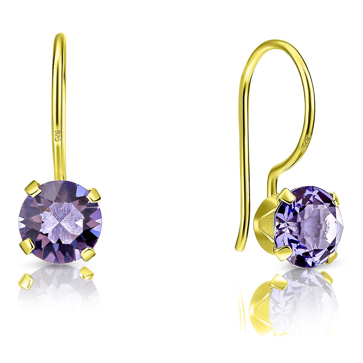 DTPSilver - 925 Sterling Silver Yellow Gold Plated Round Fixed Hook Earrings made with Glittering Crystals from Swarovski® Elements - Diameter: 6 mm - Colour : Tanzanite
