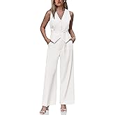 Cicy Bell Womens Business Casual 2 Piece Outfits V Neck Sleeveless Tie Waist Blazer Vest Pleated Wide Leg Suits Pants Sets